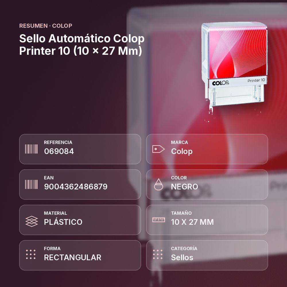 SELLO AUTOMÁTICO COLOP PRINTER 10 (10 × 27 MM) - resumen de atributos