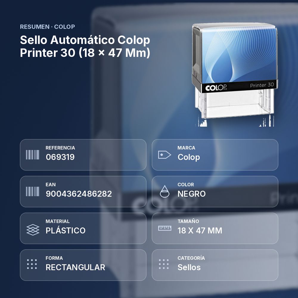 SELLO AUTOMÁTICO COLOP PRINTER 30 (18 × 47 MM) - resumen de atributos