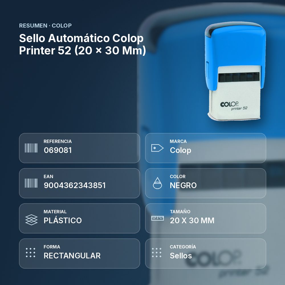 SELLO AUTOMÁTICO COLOP PRINTER 52 (20 × 30 MM) - resumen de atributos