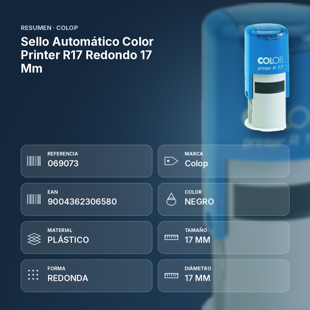 SELLO AUTOMÁTICO COLOR PRINTER R17 REDONDO 17 MM - resumen de atributos