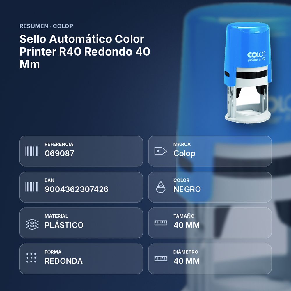 SELLO AUTOMÁTICO COLOR PRINTER R40 REDONDO 40 MM - resumen de atributos