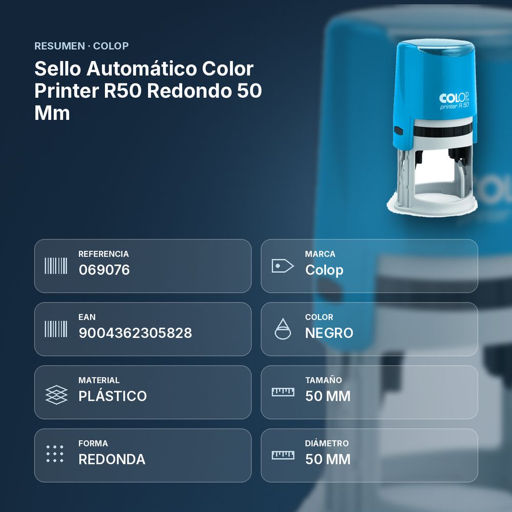 SELLO AUTOMÁTICO COLOR PRINTER R50 REDONDO 50 MM - resumen de atributos