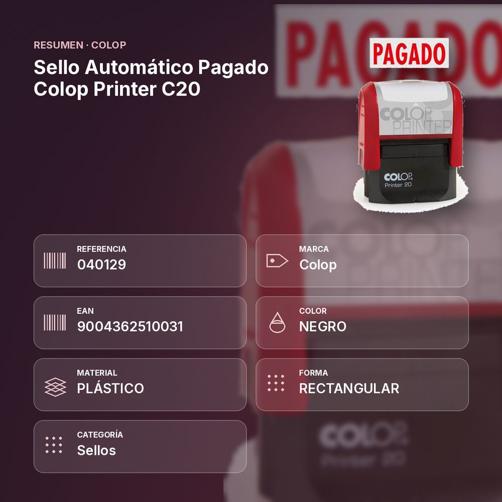 SELLO AUTOMÁTICO PAGADO COLOP PRINTER C20 - resumen de atributos