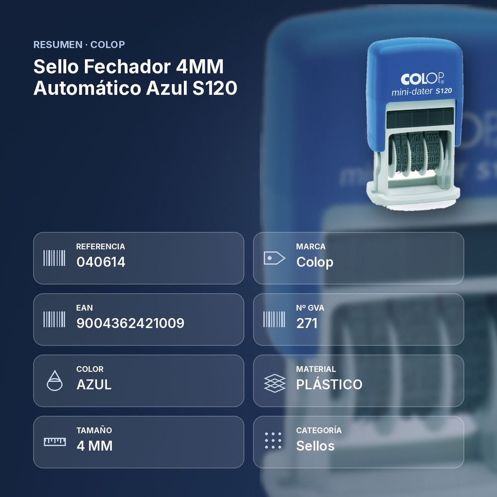 SELLO FECHADOR 4MM AUTOMÁTICO AZUL S120 - resumen de atributos