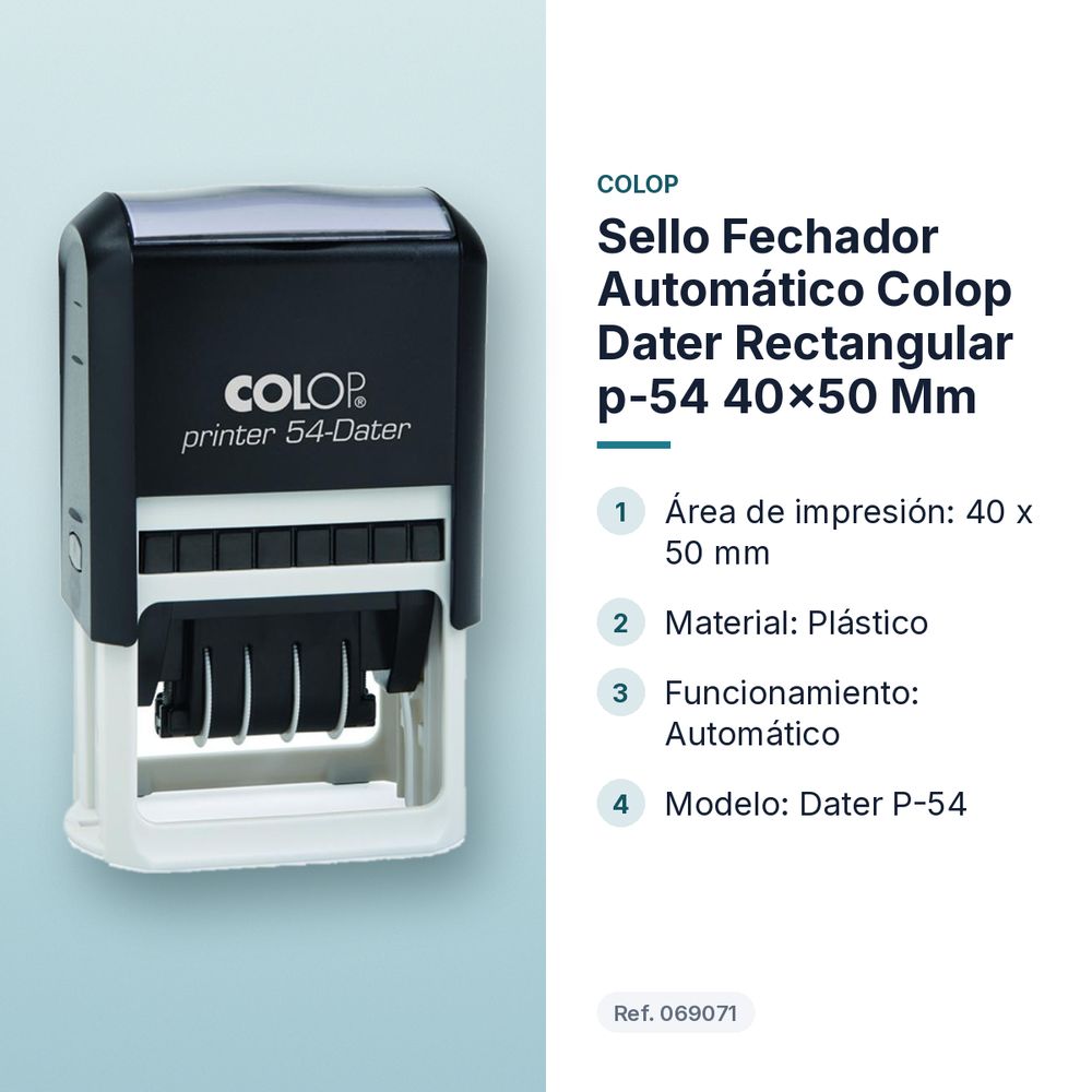 SELLO FECHADOR AUTOMÁTICO COLOP DATER RECTANGULAR P-54 40X50 MM - características principales