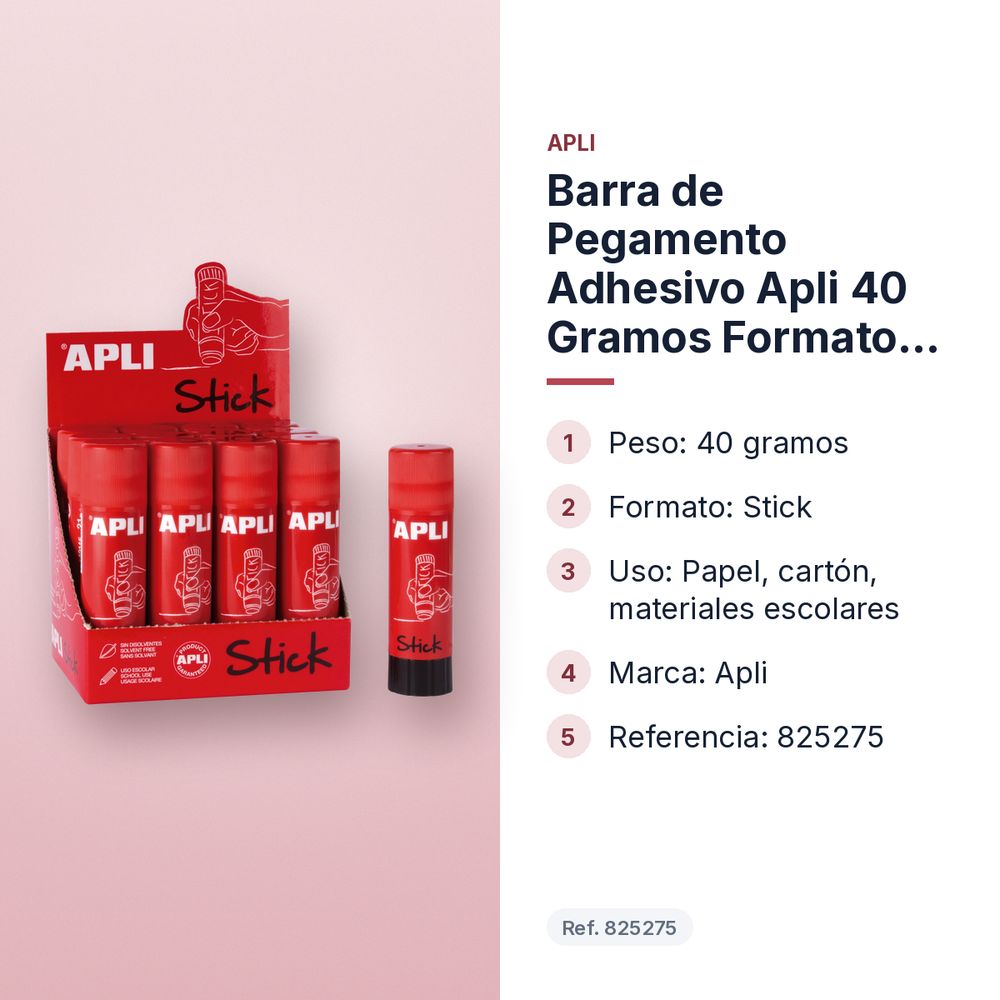 BARRA DE PEGAMENTO ADHESIVO APLI 40 GRAMOS FORMATO STICK - características principales