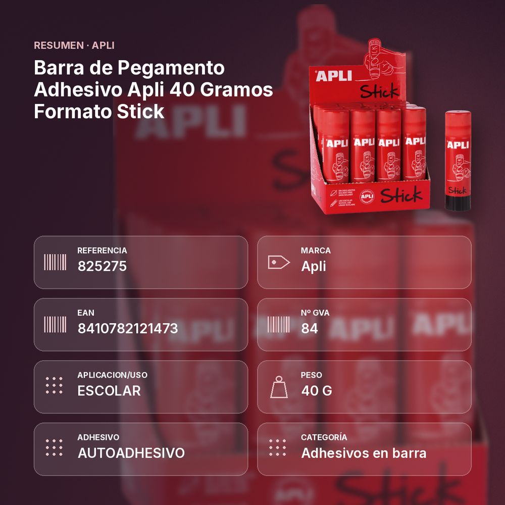 BARRA DE PEGAMENTO ADHESIVO APLI 40 GRAMOS FORMATO STICK - resumen de atributos