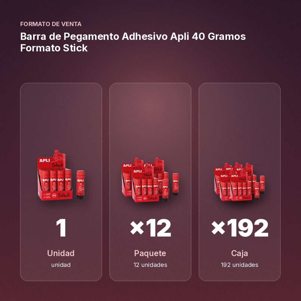 BARRA DE PEGAMENTO ADHESIVO APLI 40 GRAMOS FORMATO STICK - formato de venta: paquete de 12, caja de 192, palé de 3840