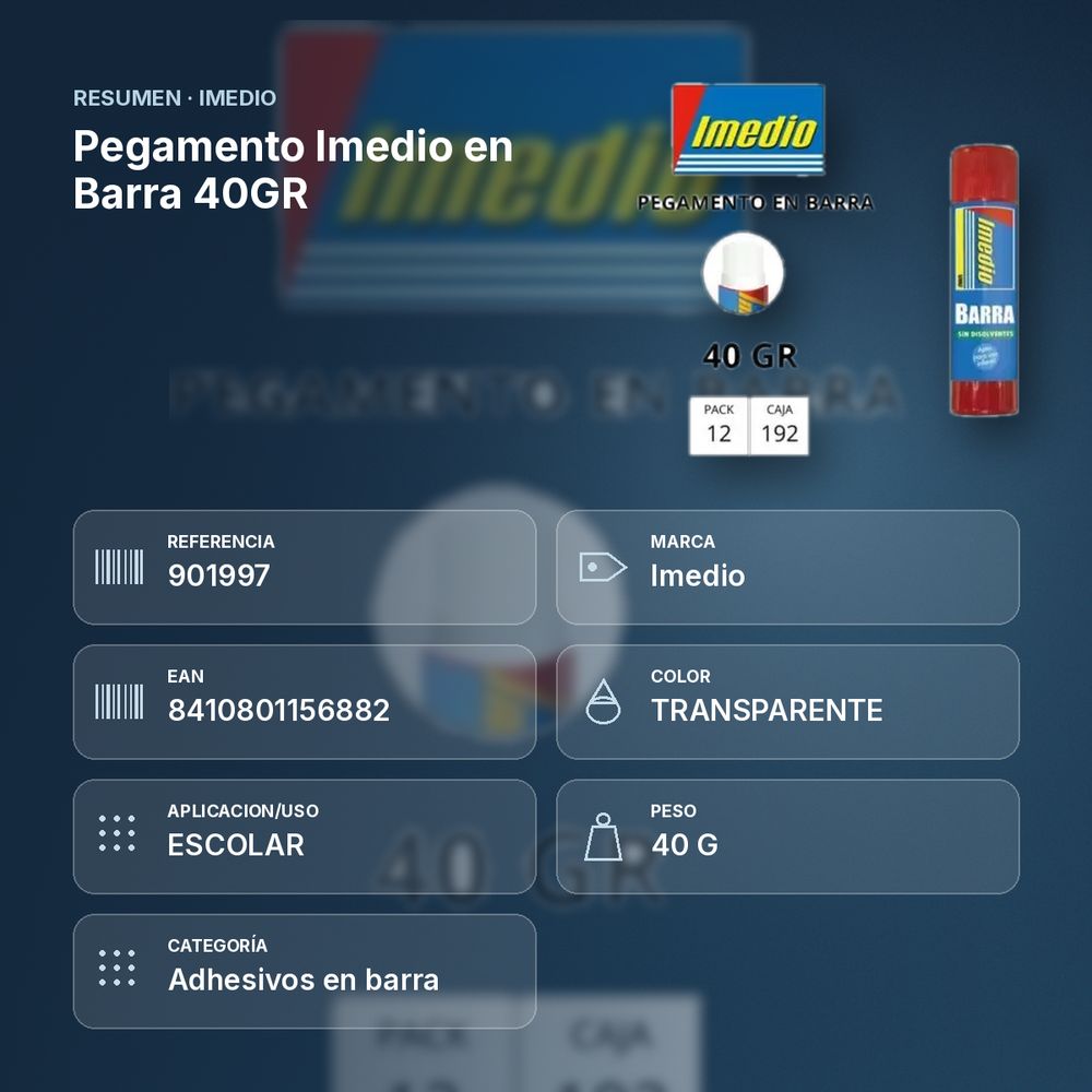 PEGAMENTO IMEDIO EN BARRA 40GR - resumen de atributos
