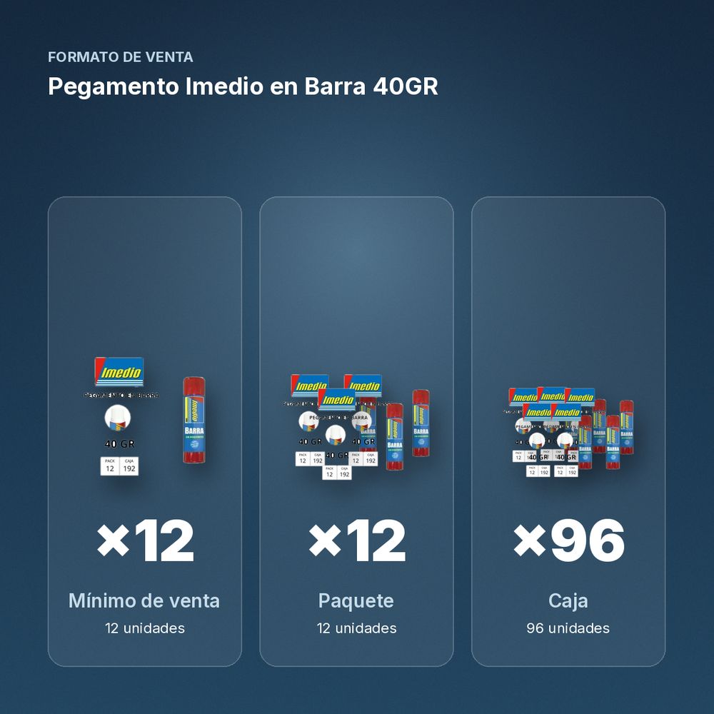 PEGAMENTO IMEDIO EN BARRA 40GR - formato de venta: paquete de 12, caja de 96