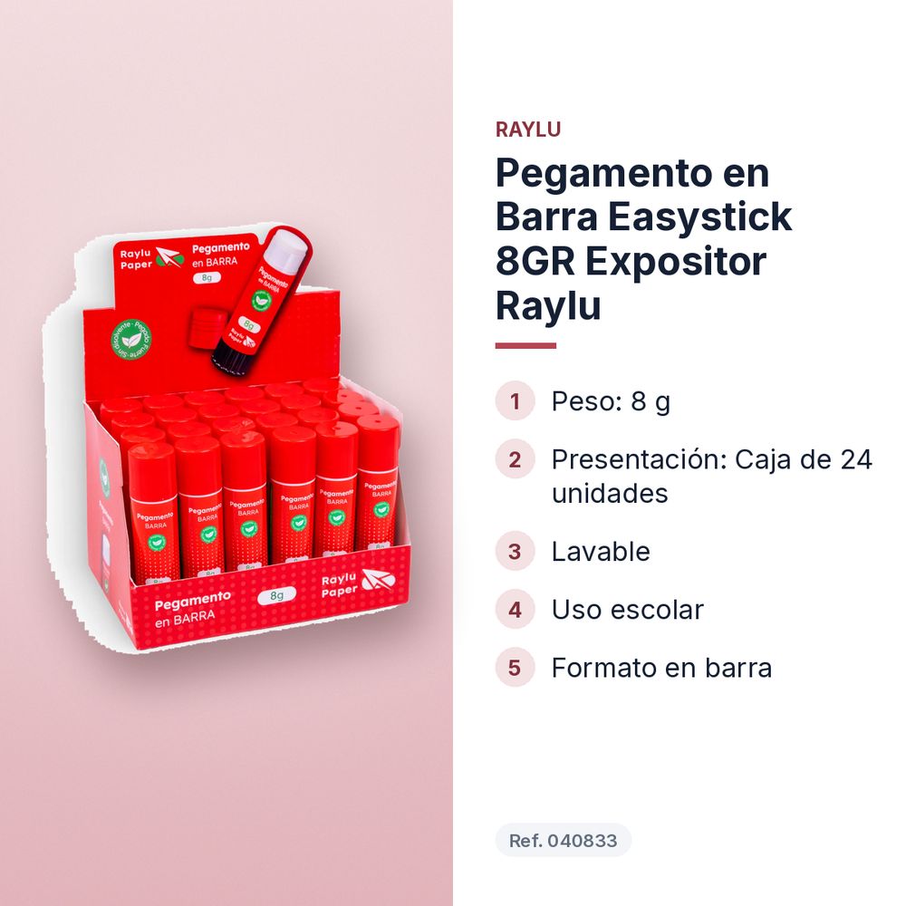 PEGAMENTO EN BARRA EASYSTICK 8GR EXPOSITOR RAYLU - características principales