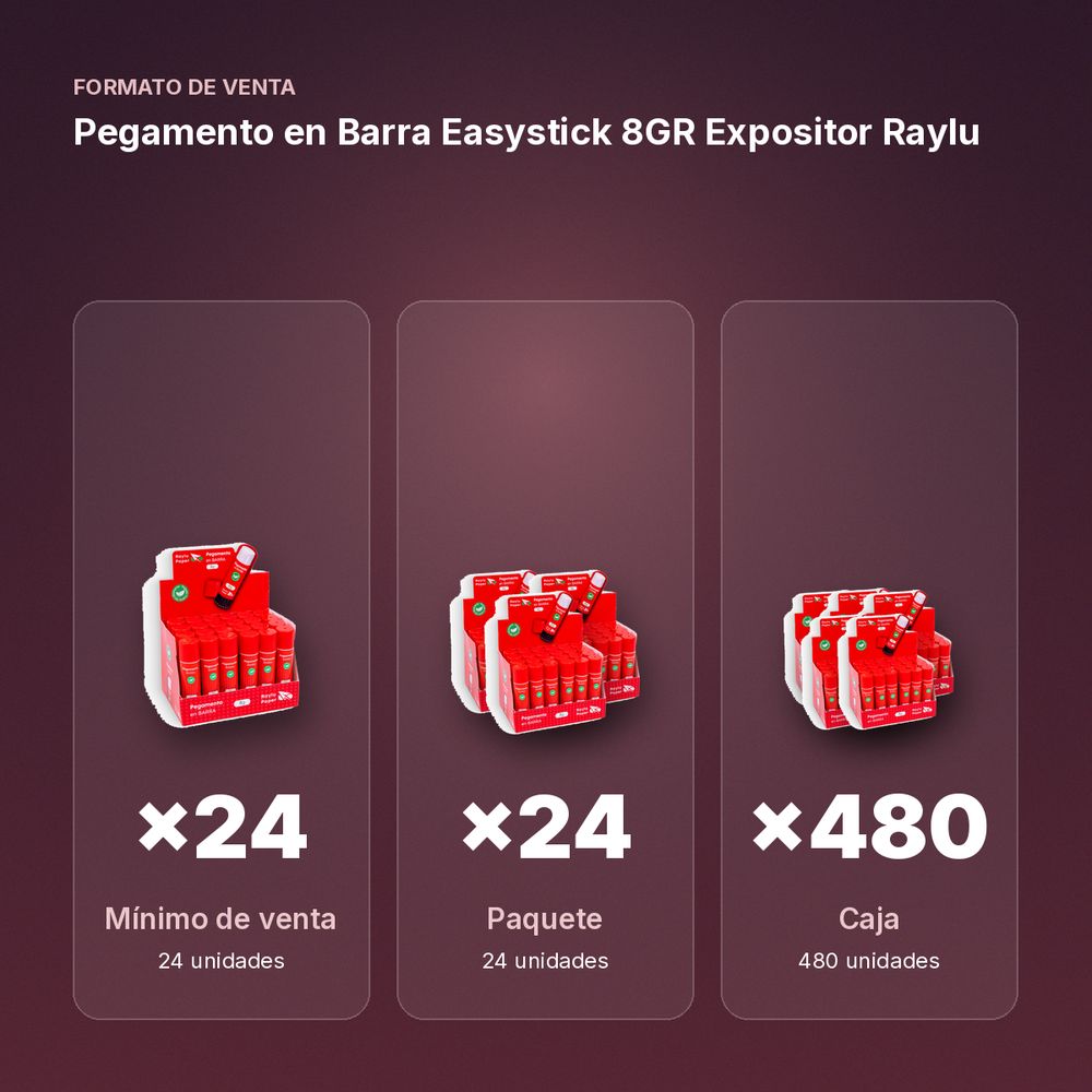 PEGAMENTO EN BARRA EASYSTICK 8GR EXPOSITOR RAYLU - formato de venta: paquete de 24, caja de 480