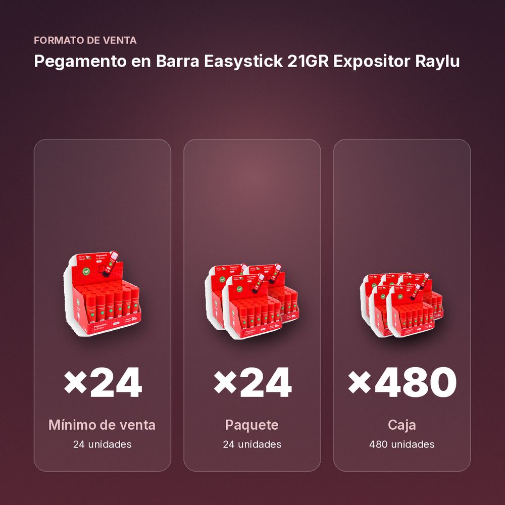 PEGAMENTO EN BARRA EASYSTICK 21GR EXPOSITOR RAYLU - formato de venta: paquete de 24, caja de 480