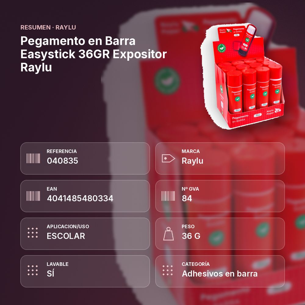 PEGAMENTO EN BARRA EASYSTICK 36GR EXPOSITOR RAYLU - resumen de atributos