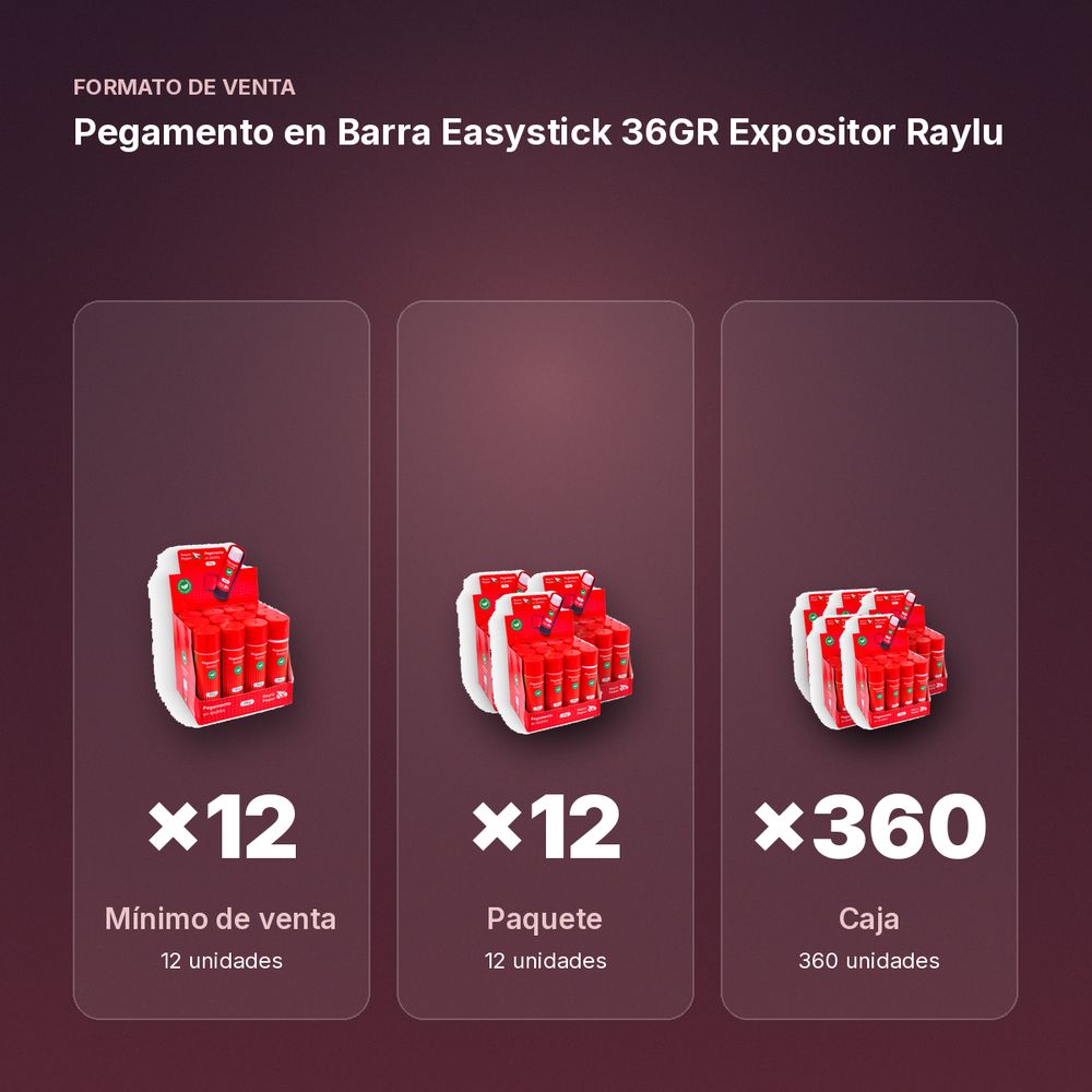 PEGAMENTO EN BARRA EASYSTICK 36GR EXPOSITOR RAYLU - formato de venta: paquete de 12, caja de 360