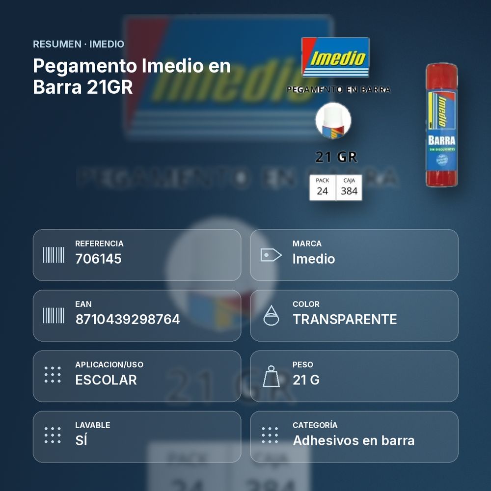 PEGAMENTO IMEDIO EN BARRA 21GR - resumen de atributos