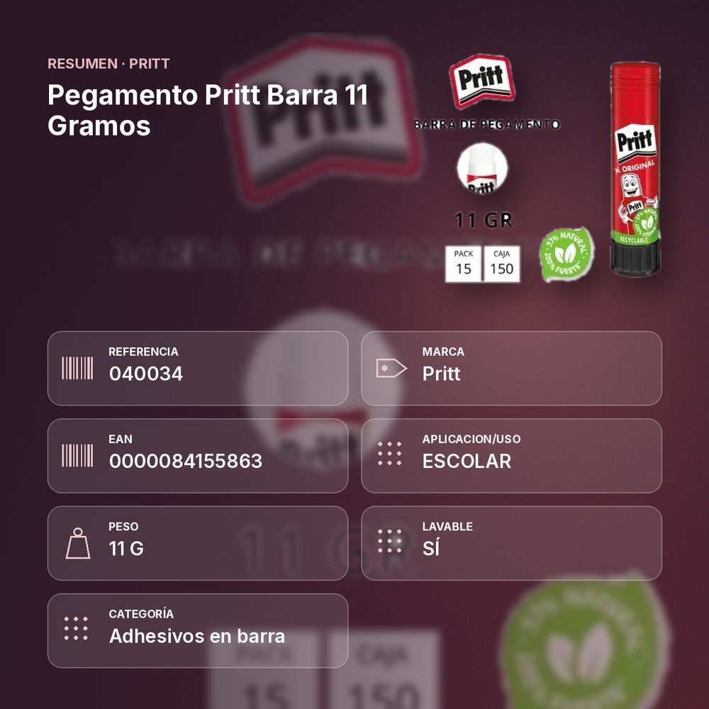 PEGAMENTO PRITT BARRA 11 GRAMOS - resumen de atributos