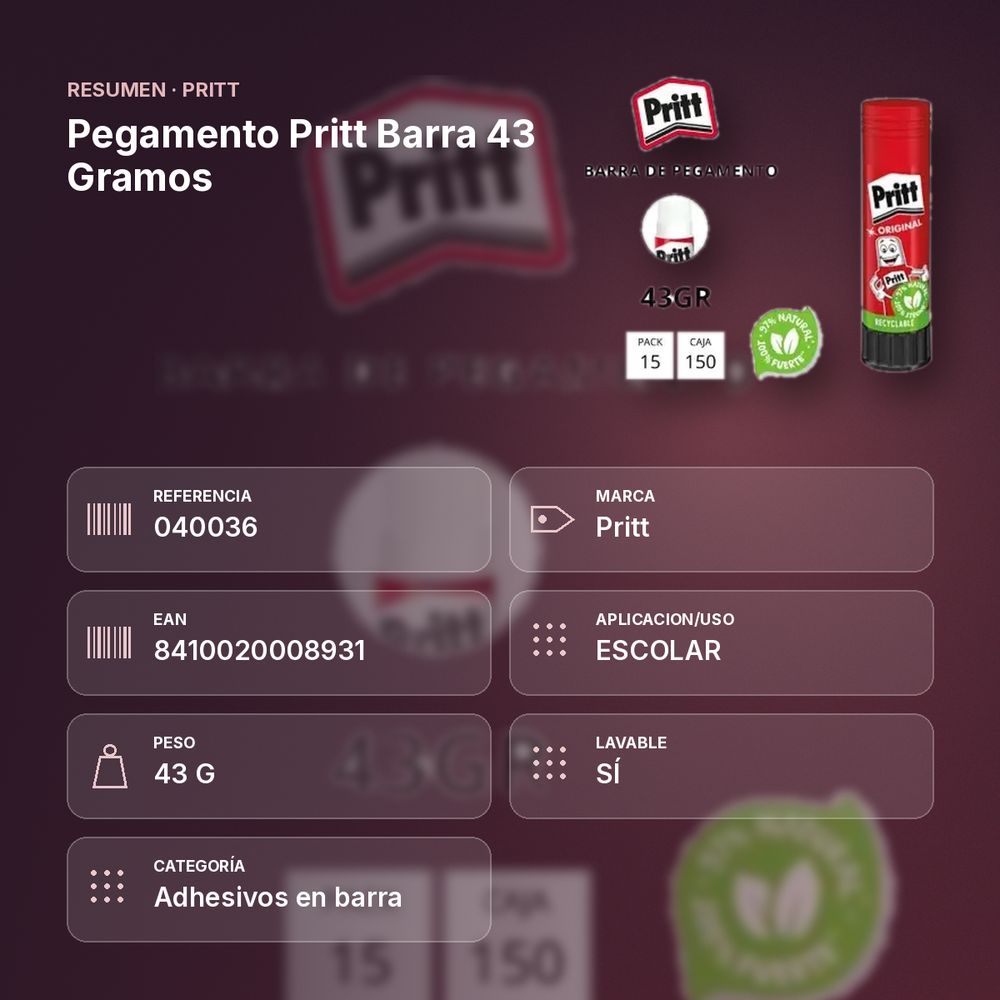 PEGAMENTO PRITT BARRA 43 GRAMOS - resumen de atributos