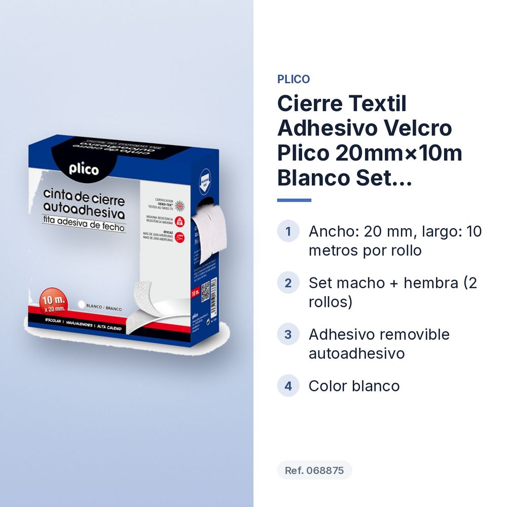 CIERRE TEXTIL ADHESIVO VELCRO PLICO 20MM×10M BLANCO SET MACHO+HEMBRA - características principales