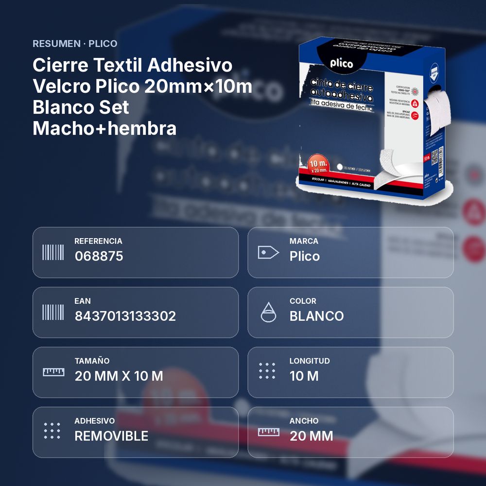 CIERRE TEXTIL ADHESIVO VELCRO PLICO 20MM×10M BLANCO SET MACHO+HEMBRA - resumen de atributos