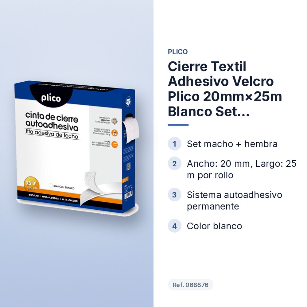 CIERRE TEXTIL ADHESIVO VELCRO PLICO 20MM×25M BLANCO SET MACHO+HEMBRA - características principales