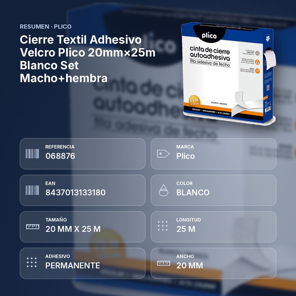 CIERRE TEXTIL ADHESIVO VELCRO PLICO 20MM×25M BLANCO SET MACHO+HEMBRA - resumen de atributos