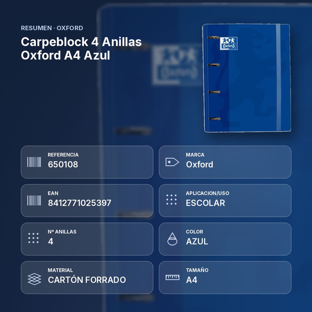 CARPEBLOCK 4 ANILLAS OXFORD A4 AZUL - resumen de atributos