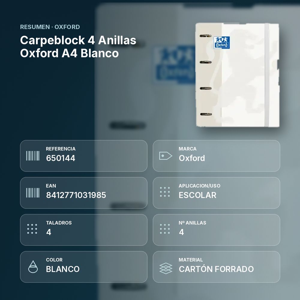 CARPEBLOCK 4 ANILLAS OXFORD A4 BLANCO - resumen de atributos