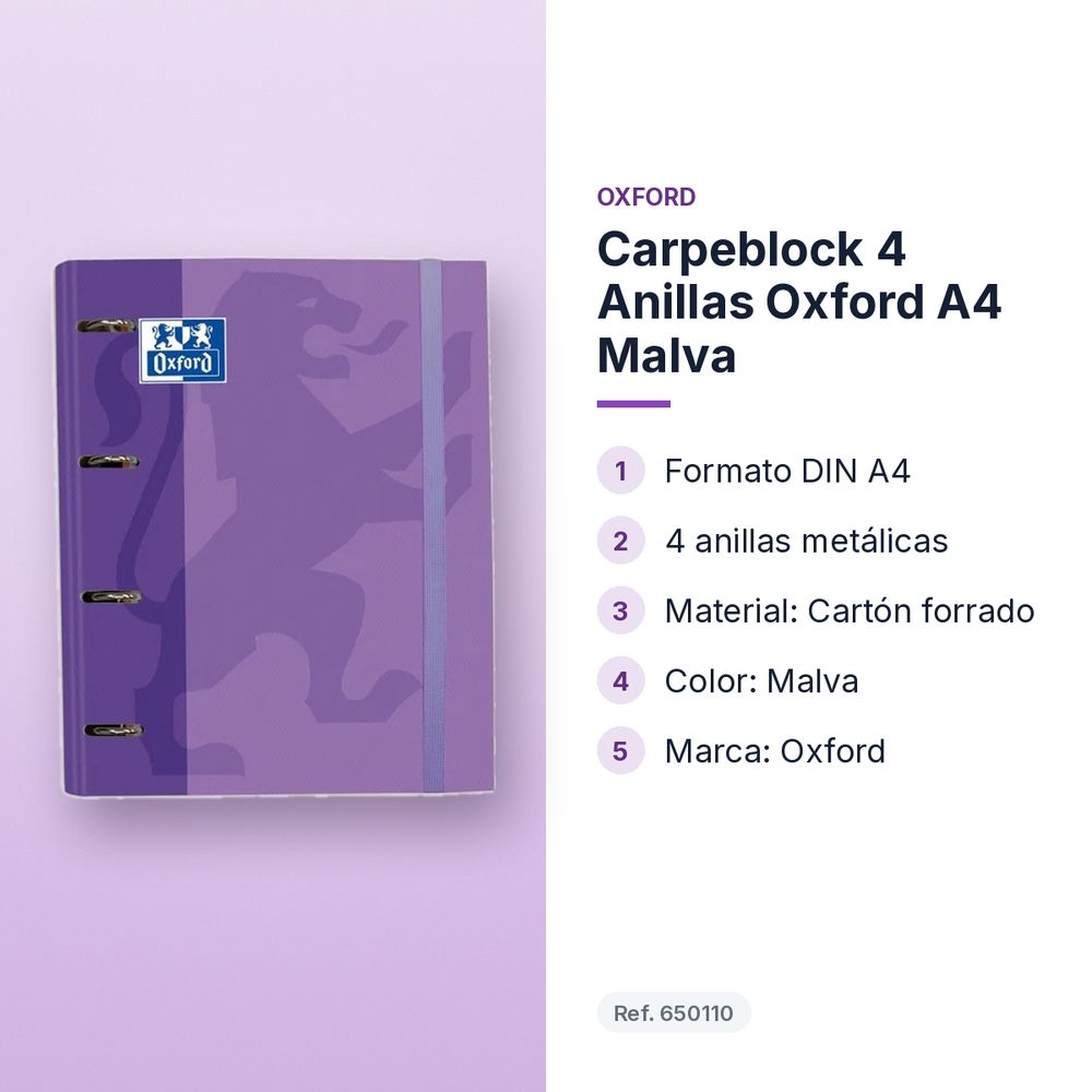 CARPEBLOCK 4 ANILLAS OXFORD A4 MALVA - características principales