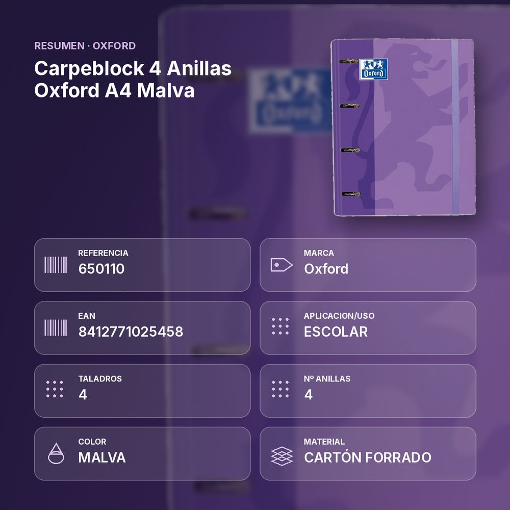 CARPEBLOCK 4 ANILLAS OXFORD A4 MALVA - resumen de atributos