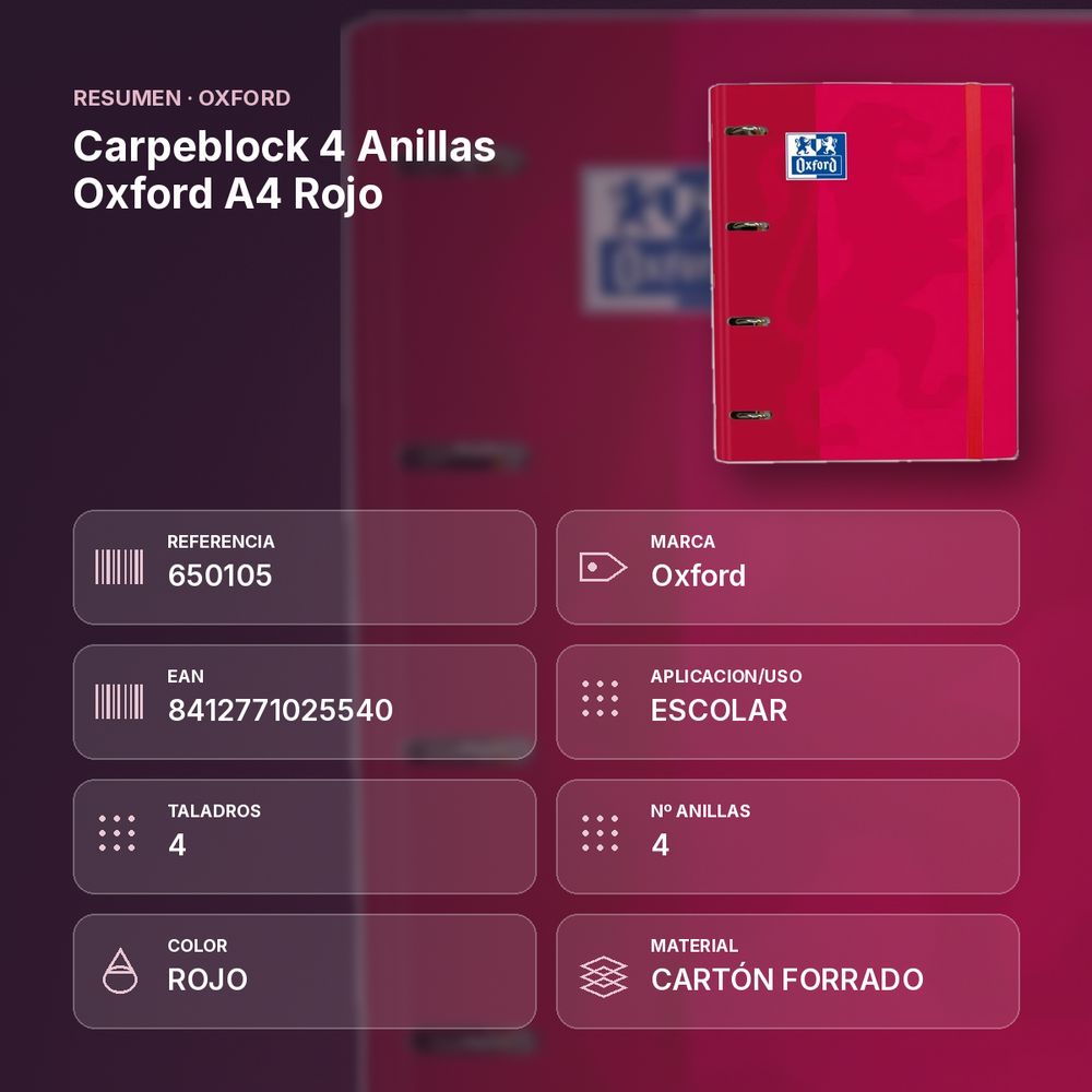 CARPEBLOCK 4 ANILLAS OXFORD A4 ROJO - resumen de atributos