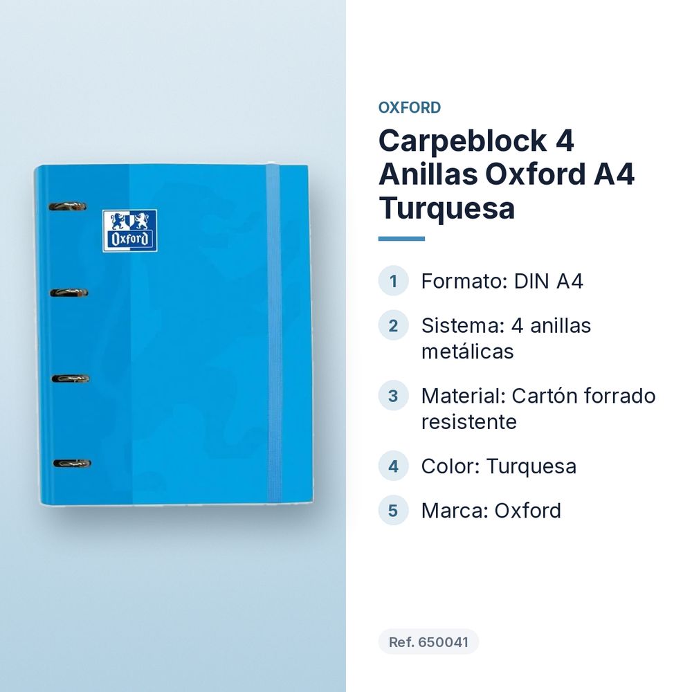 CARPEBLOCK 4 ANILLAS OXFORD A4 TURQUESA - características principales