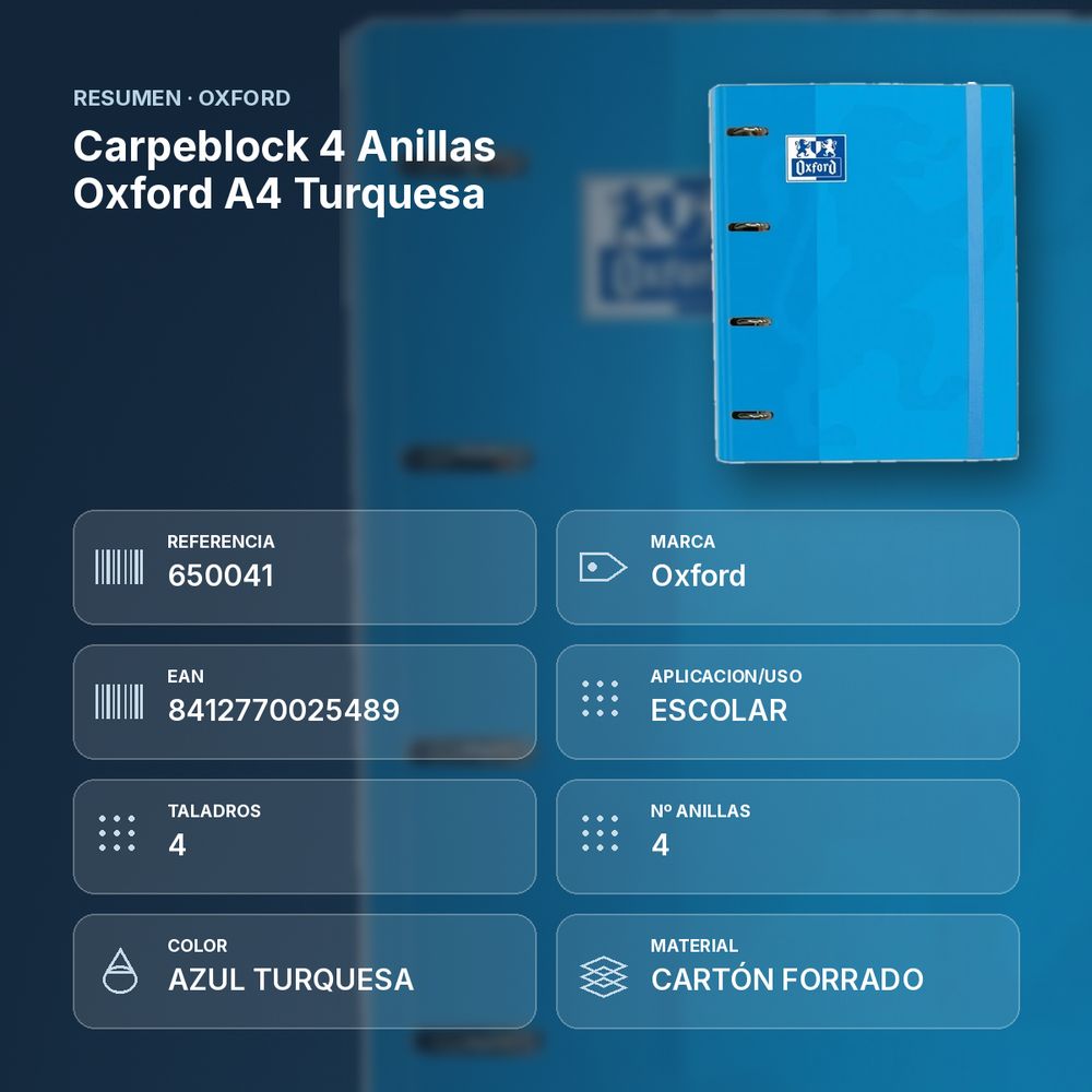CARPEBLOCK 4 ANILLAS OXFORD A4 TURQUESA - resumen de atributos