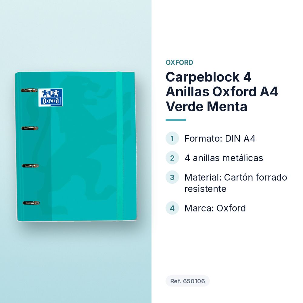 CARPEBLOCK 4 ANILLAS OXFORD A4 VERDE MENTA - características principales