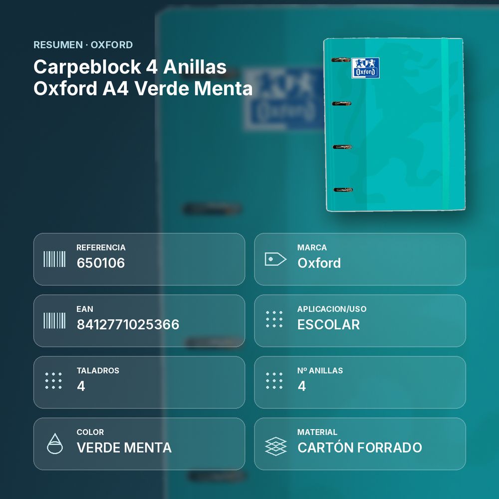 CARPEBLOCK 4 ANILLAS OXFORD A4 VERDE MENTA - resumen de atributos