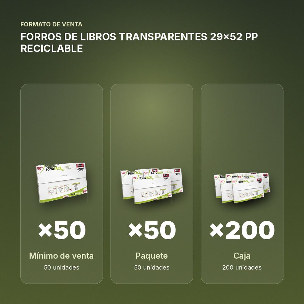 FORROS DE LIBROS TRANSPARENTES 29x52 PP RECICLABLE - formato de venta: paquete de 50, caja de 200