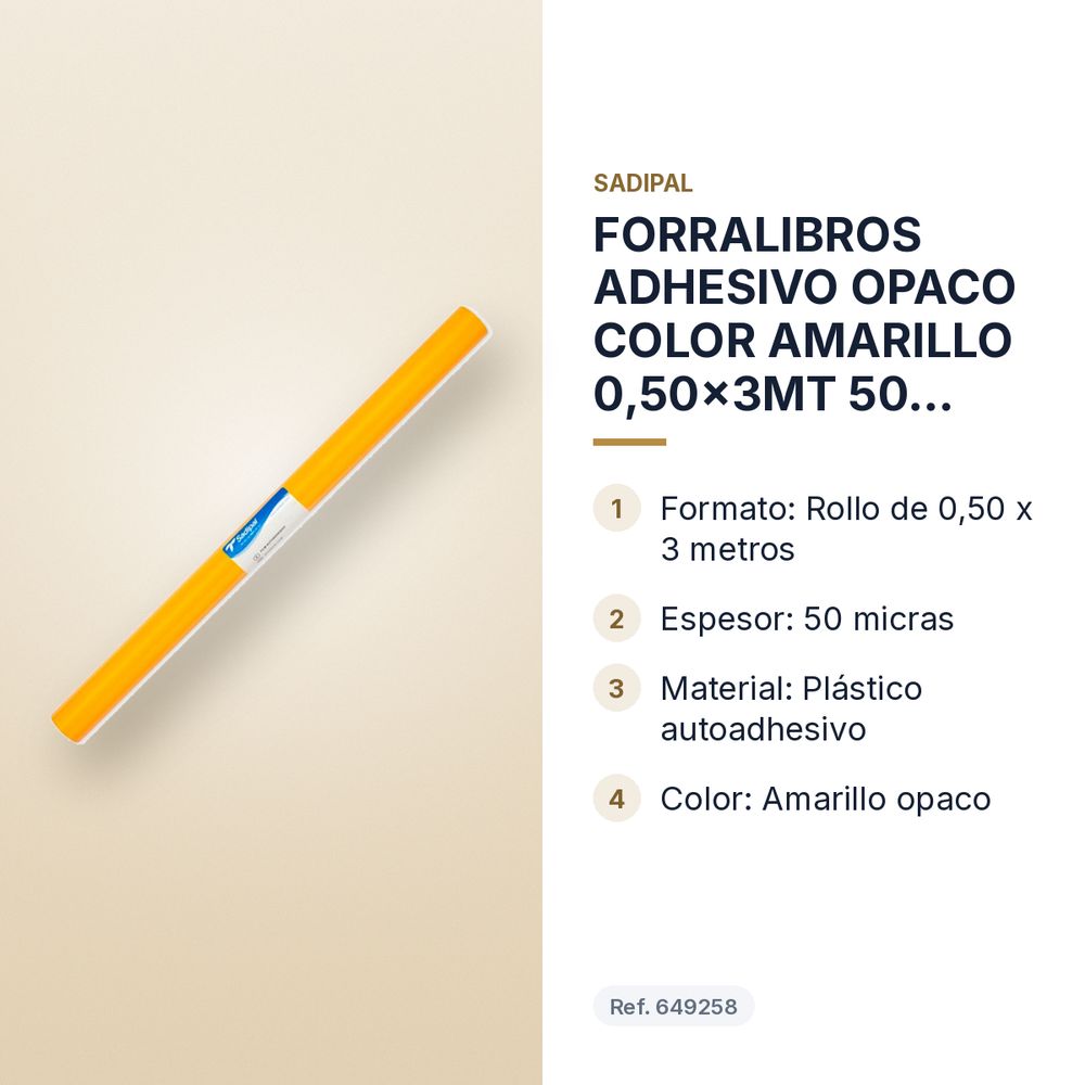 FORRALIBROS ADHESIVO OPACO COLOR AMARILLO 0,50x3MT 50 MICRAS SADIPAL - características principales