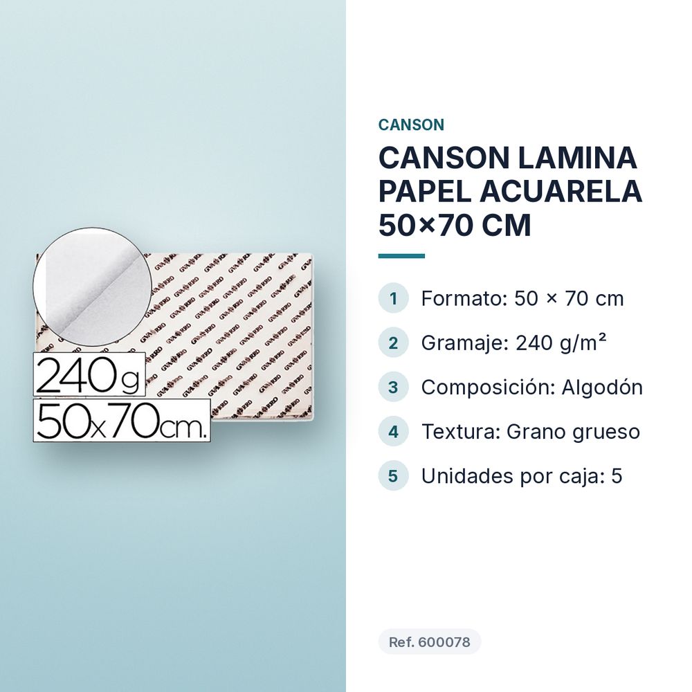 CANSON LAMINA PAPEL ACUARELA 50x70 CM - características principales