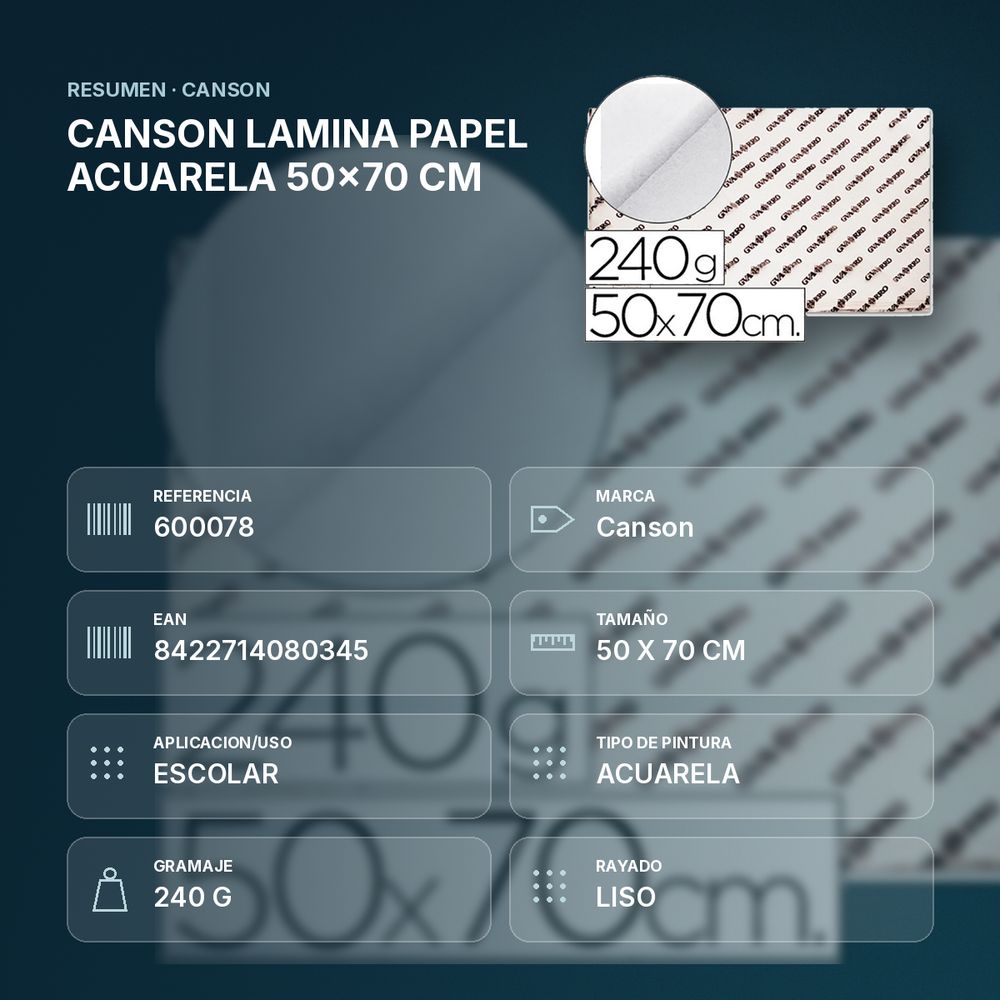 CANSON LAMINA PAPEL ACUARELA 50x70 CM - resumen de atributos