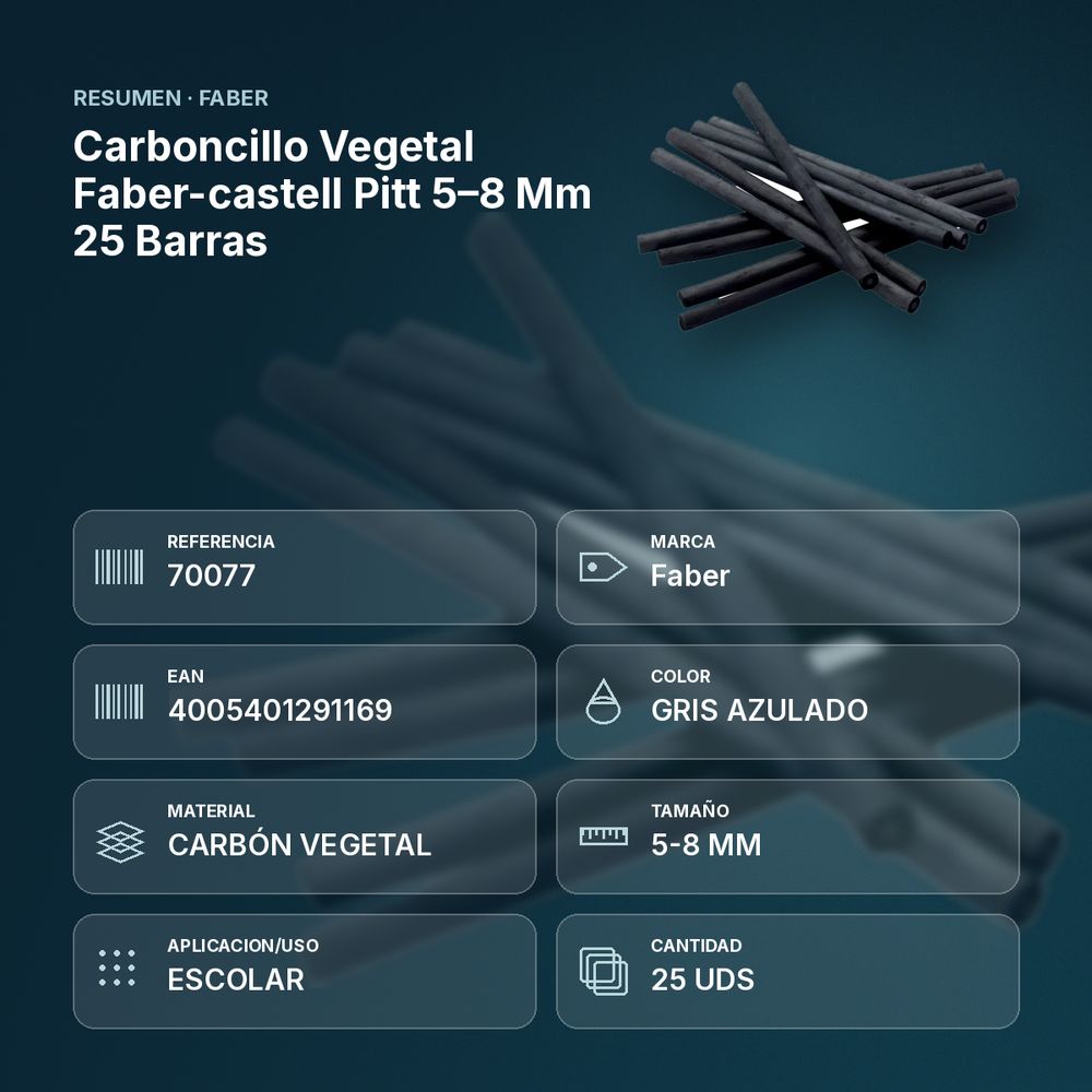 CARBONCILLO VEGETAL FABER-CASTELL PITT 5–8 MM 25 BARRAS - resumen de atributos