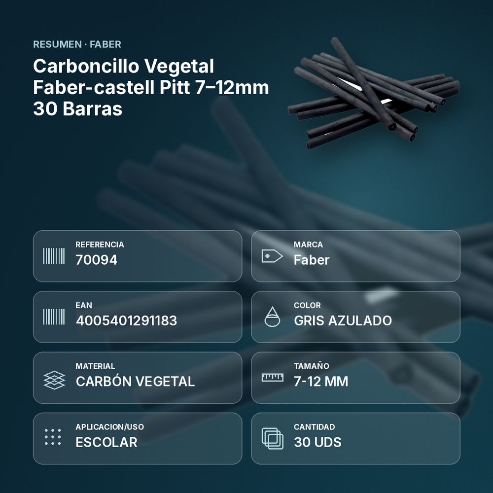 CARBONCILLO VEGETAL FABER-CASTELL PITT 7–12MM 30 BARRAS  - resumen de atributos