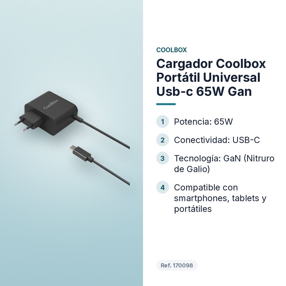 CARGADOR COOLBOX PORTÁTIL UNIVERSAL USB-C 65W GAN - características principales