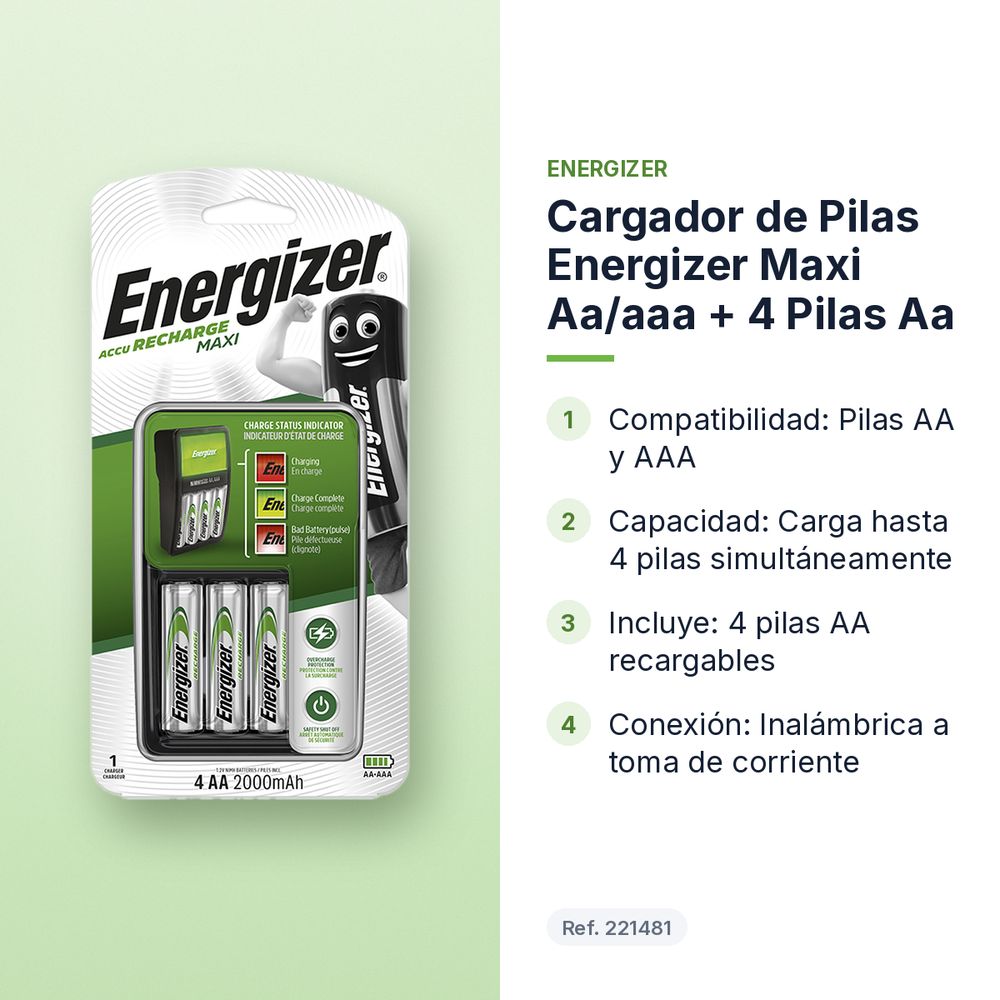 CARGADOR DE PILAS ENERGIZER MAXI AA/AAA + 4 PILAS AA  - características principales