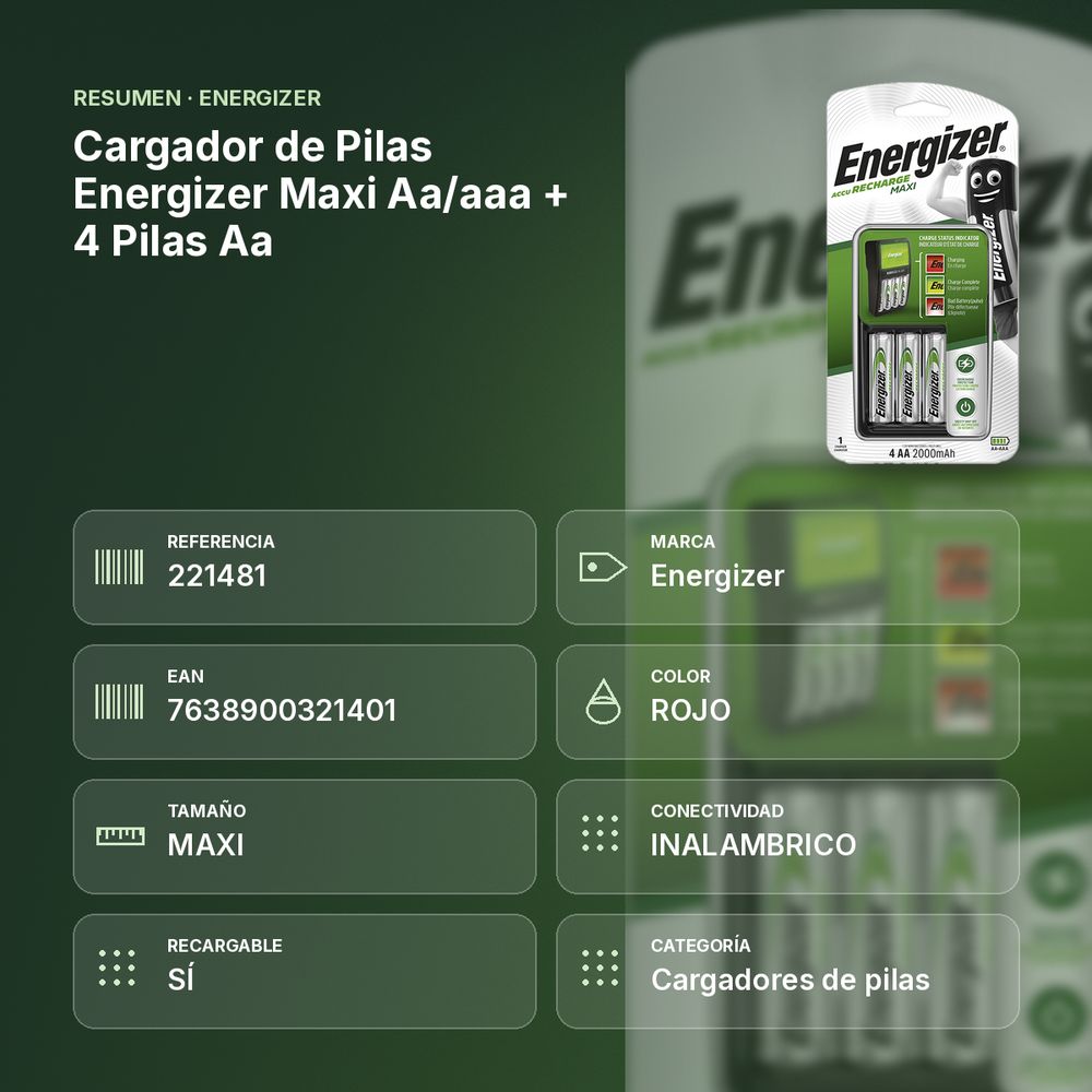 CARGADOR DE PILAS ENERGIZER MAXI AA/AAA + 4 PILAS AA  - resumen de atributos
