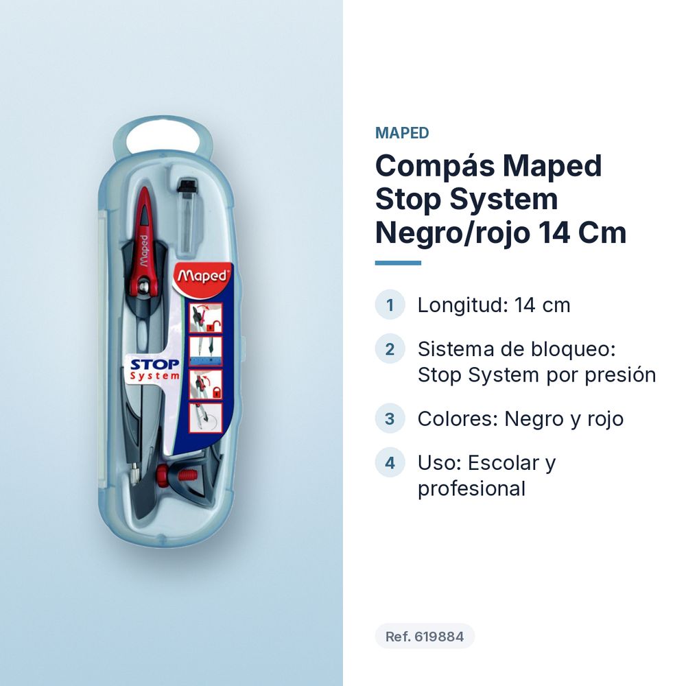 COMPÁS MAPED STOP SYSTEM NEGRO/ROJO 14 CM - características principales