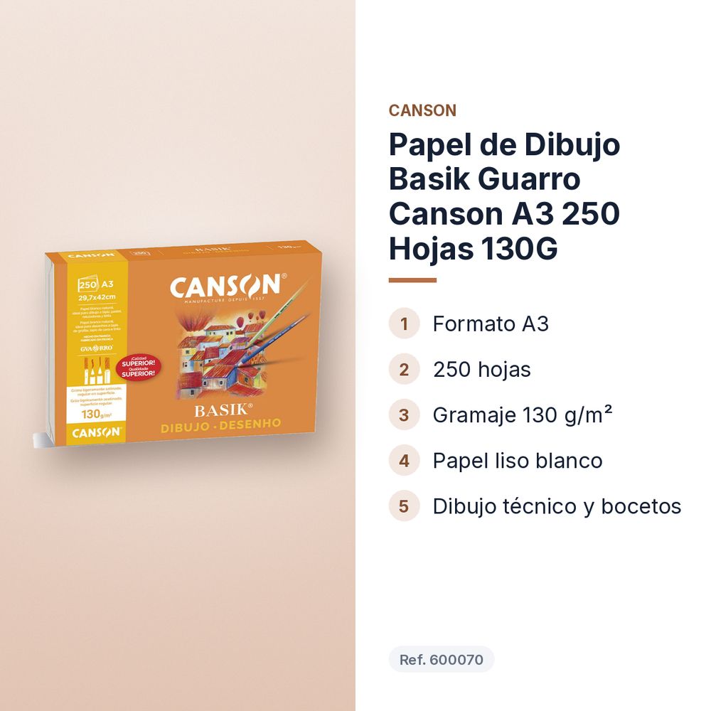 PAPEL DE DIBUJO BASIK GUARRO CANSON A3 250 HOJAS 130G - características principales