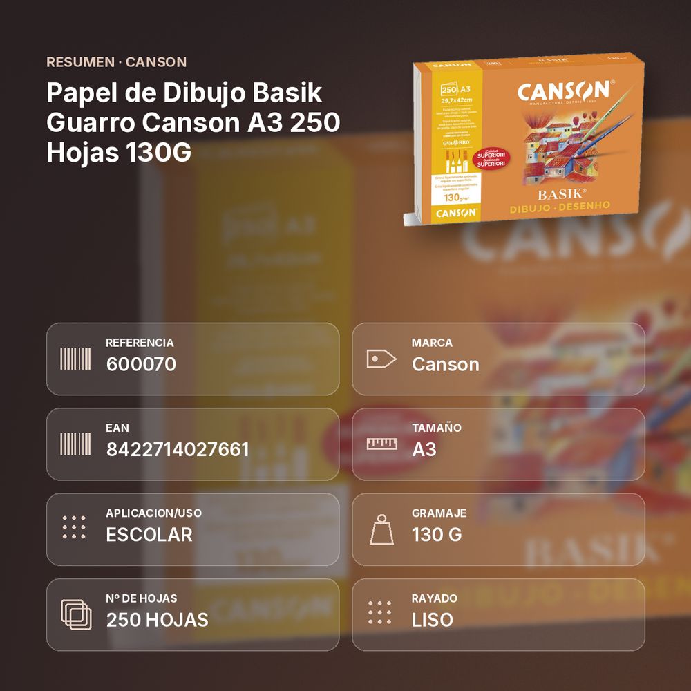PAPEL DE DIBUJO BASIK GUARRO CANSON A3 250 HOJAS 130G - resumen de atributos