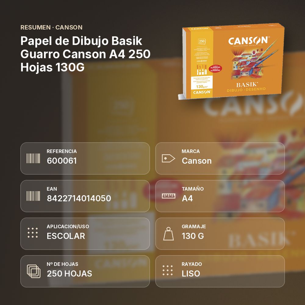 PAPEL DE DIBUJO BASIK GUARRO CANSON A4 250 HOJAS 130G - resumen de atributos