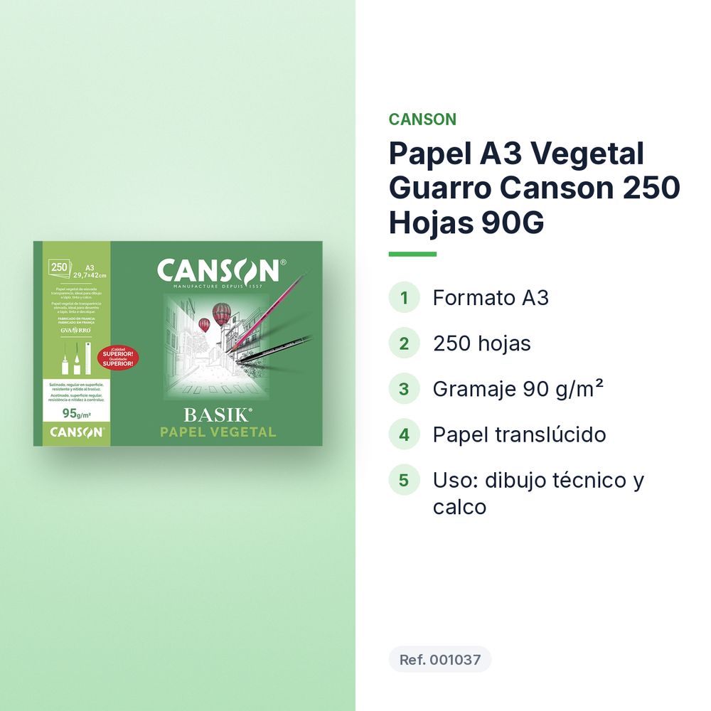 PAPEL A3 VEGETAL GUARRO CANSON 250 HOJAS 90G - características principales