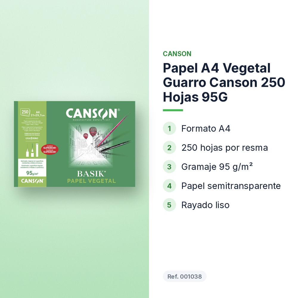 PAPEL A4 VEGETAL GUARRO CANSON 250 HOJAS 95G - características principales
